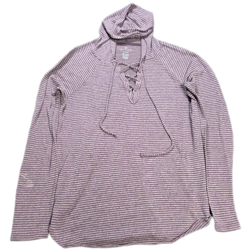 American Eagle Soft & Sexy Plush Hoodie Women's Size XL Purple Striped Lace Up